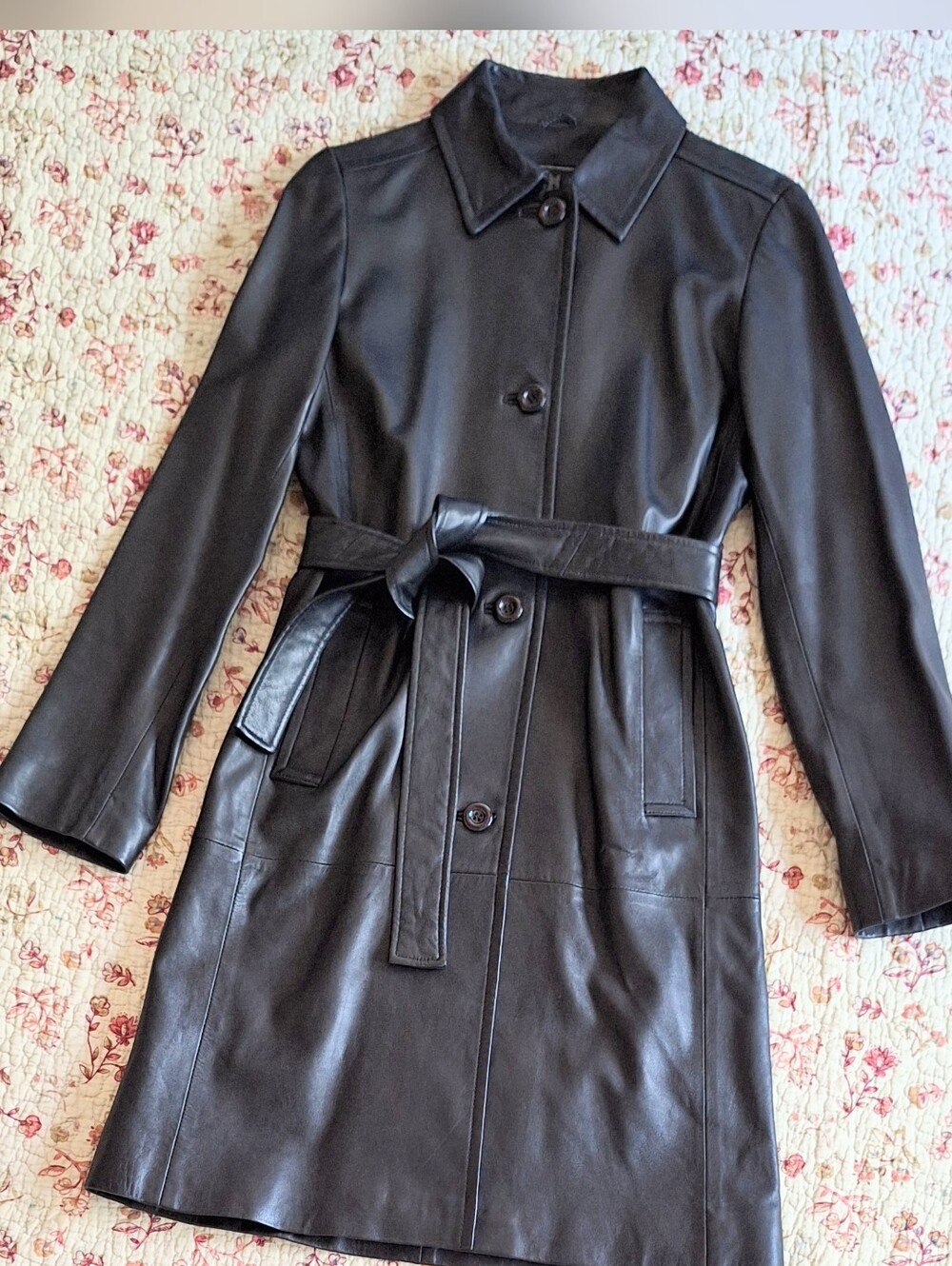 EUC Parfait Leather Italy Black Mid-Length Trench Coat Belted Jacket Women's XS
